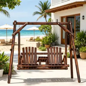 2-Person Adirondack Outdoor Swing Chair with Stand, Rustic Fir Wood Patio Porch Swing with Center Table & A-Frame, Wooden Garden Swing for Backyard, Deck & Lawn