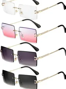 4pcs Retro Rimless Rectangle Sunglasses for Women Men Tinted Lens Gold Metal Framele quark glasses brown girl fake grips uv vision night high negative myopia reading luxury Women's Fashion Clear Glasses