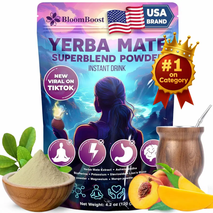Premium Yerba Mate Instant Powder Supplement Drink Mix – Yerba Mate, Ashwagandha, Lion’s Mane, Chlorophyll, Peach Mango Flavor – Sugar-Free, Gluten-Free, Superfood Energy & Focus Blend #Clearance Sale