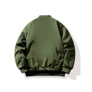 Men's Vintage Bomber Jacket - Thick Polyester, Olive Green with Orange Quilted Lining, Casual Fall/Winter Baseball Style, Zip-Up Design, Pockets Included