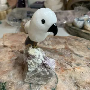 White & Blue Calcite Bird on Lepidolite Natural Crystal