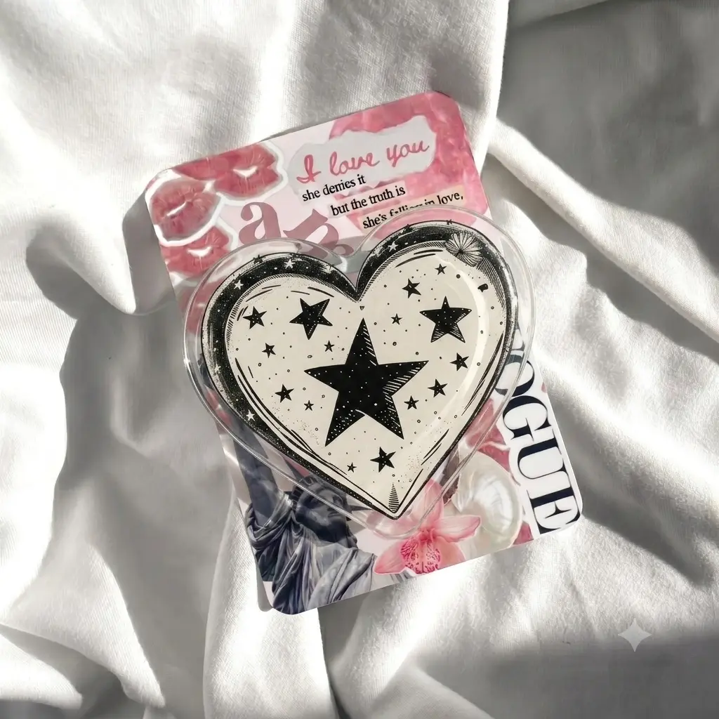 Heart Star Phone Grip, Pastel Goth Heart Shaped Phone Stand, Cute Black Stars Griptok, Vintage Retro Magazine Collage Aesthetic Phone Holder Loop