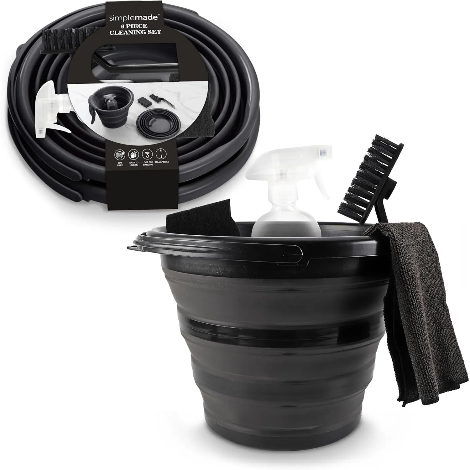 Collapsible Bucket Cleaning Set - Includes 2 Foldable Buckets, Spray Bottle, Rag, Scrubbing Brush and Sponge - Holds Up to 10 liters, Easy Storage, All-Purpose Cleaning Solution