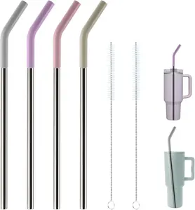 Replacement Straws for 40Oz Tumblers,Metal Straws Reusable Compatible with Stanley 40Oz Cup, 40 Oz Tumbler Straw,4 Pack 12" Extra Long,3" Wide, Stainless Steel Straws with Silicone Tips and Brush BuildLife