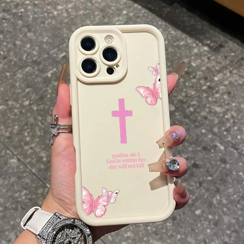 Rugged Blush Pink Cross Promise Printed Silicone Smartphone Case for iPhone 11-17 Pro, ProMax, Plus, Air - Full Coverage Armor Casing with Lens Protection, Anti-Scratch Softcase for Boys, Cellphone Accessories