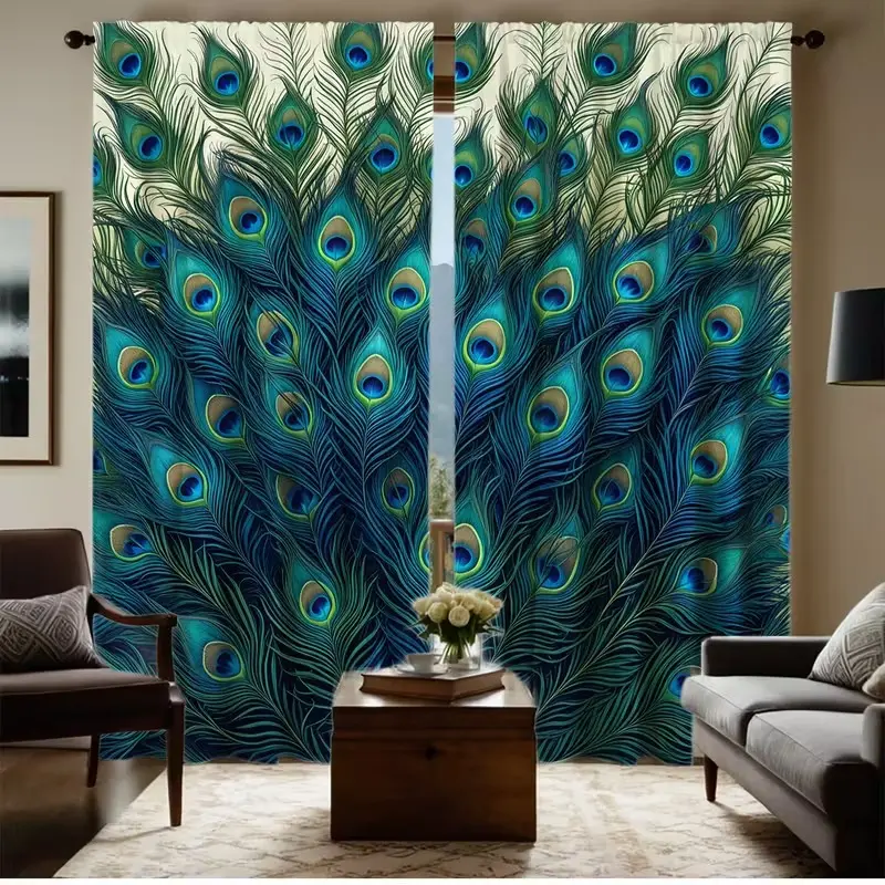 2 Piece Set Shiny Peacock Feather Print Semi-Transparent Curtains, Polyester Fabric, Rod Pocket Hanging, Living Room & Bedroom Decor