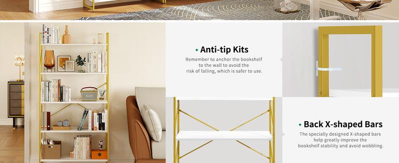 DWVO 5 Tiers Gold Bookshelf, Modern Wide Bookcase, Large Book Rack, Storage Rack Shelves in Bedroom/Living Room/Home/Office, Books Holder Organizer for Books, Gold