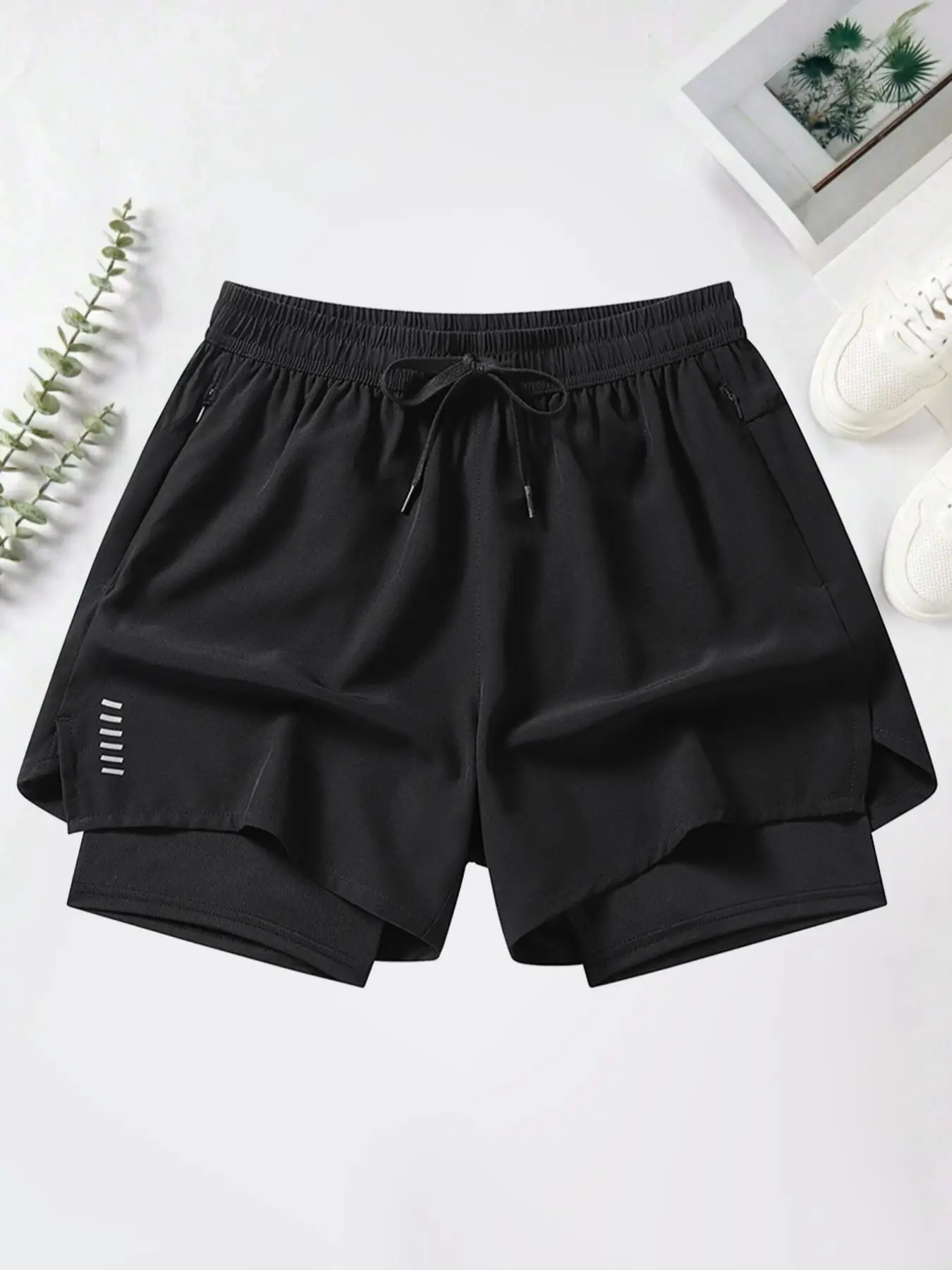Men's 2 in 1 Solid Drawstring Waist Zip Pocket Athletic Shorts with Liner, National Day Clothing, Essentials Shorts, Casual Quick Dry Sports Running G