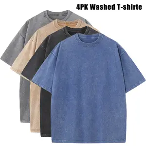 4-pack men’s plus-size vintage heavyweight sports T-shirts, 100% cotton fabric, acid wash finish, loose fit; summer sweat absorption, multiple colors available.