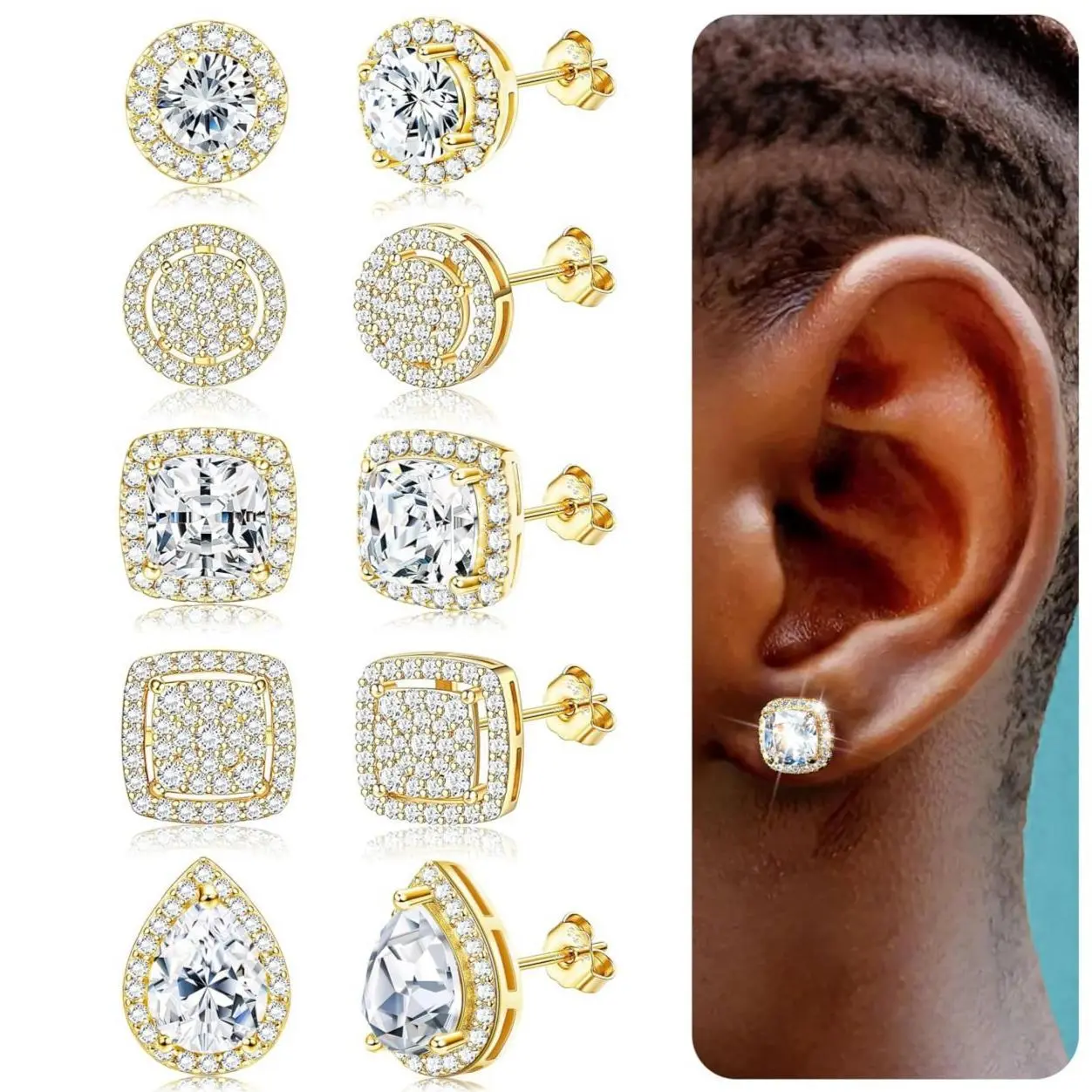 CASAIECA Cubic Zirconia Stud Earrings for Women Men Simulated Diamond CZ Halo Stud Earrings Round Square Iced Out Earrings 18K Gold-plated Plated Hypoallergenic 925 Sterling Silver Post Earrings Set Men's AccessoriesMen's Earrings Summervibes