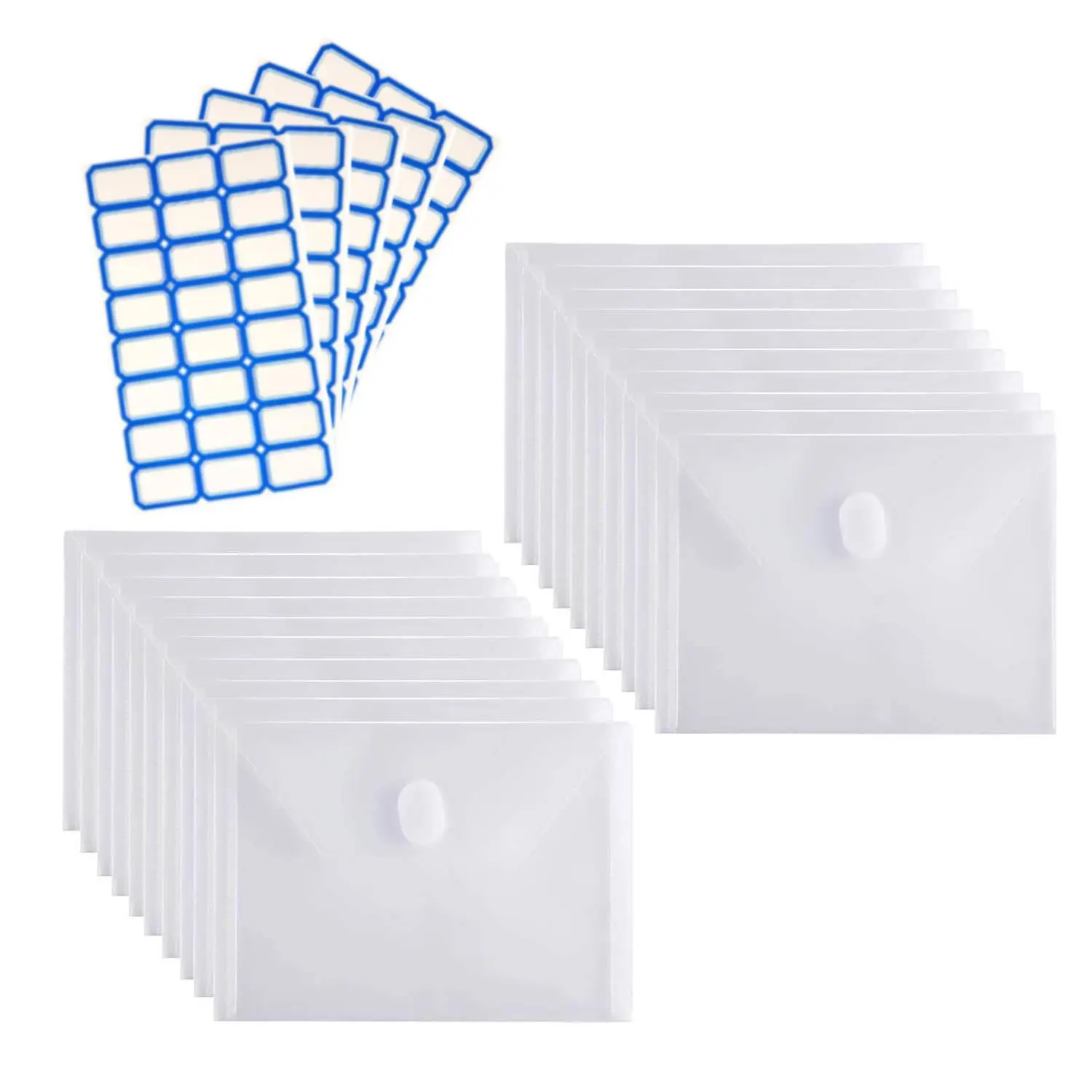 20-Pack Small Polypropylene Plastic Envelopes with 5-Piece Sticker Set, Hook-and-Loop Closure, Transparent Receipt Check Storage File Holder for Car Interior Purse/Small Bags/Notebooks