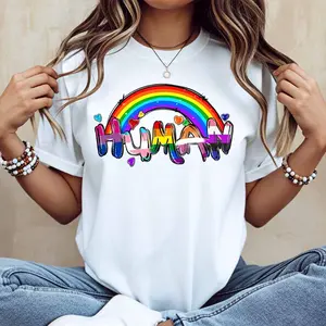 Rainbow Human Print T Shirt White Casual Loose Fit Tee For Everyday Wear And Light Activities
