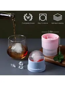 2 PCS Slow-Melting Large Round Ice Cube Mold Maker For Whisky Cocktails Silicone（pink+blue）