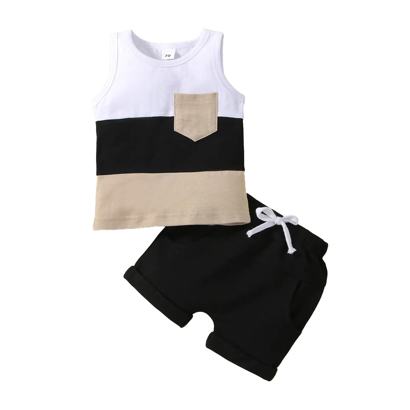 Baby Boys 2PCS Pants Suit, Sleeveless Patchwork Crew Tank Tees + White Straps Short Pants, Toddler Boys Casual Outfit