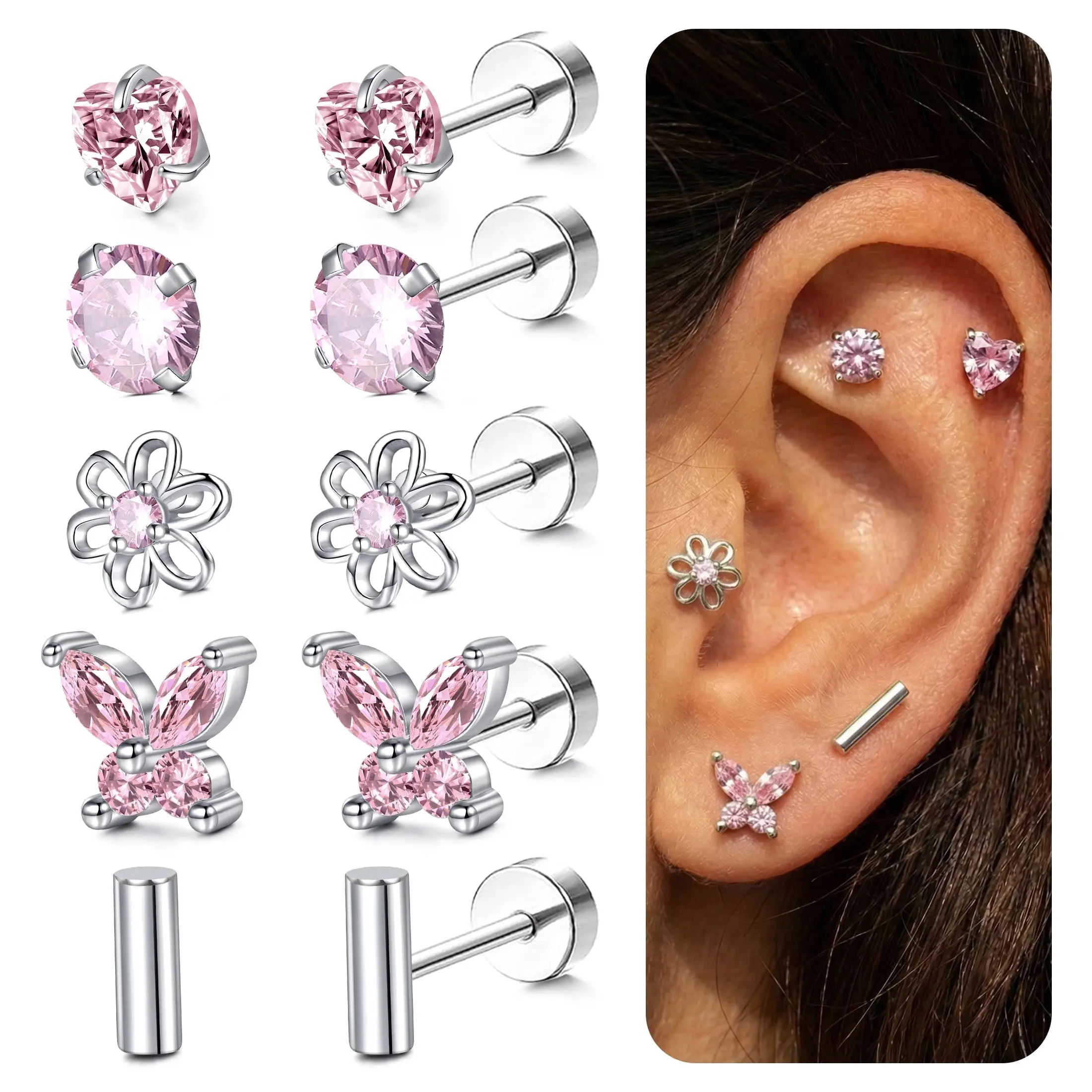 Silver Pink CZ Flat-Back Piercing Stud Set - 5 Pairs of Screwed-Back Labret Body Jewelry with Heart, Butterfly, Flower, Geometric Bar Designs