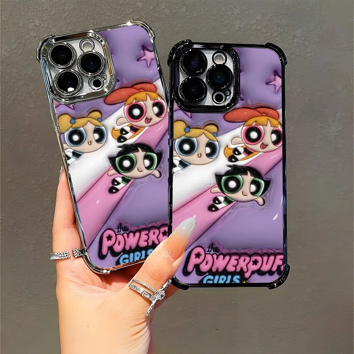 Powerpuff Girls Retro Cartoon Phone Case Compatible with iPhone 11/12/13/14/15/16 Pro Max Plus, Purple Star Design, Cute Aesthetic for Disney Fans, Shockproof Protective Cover