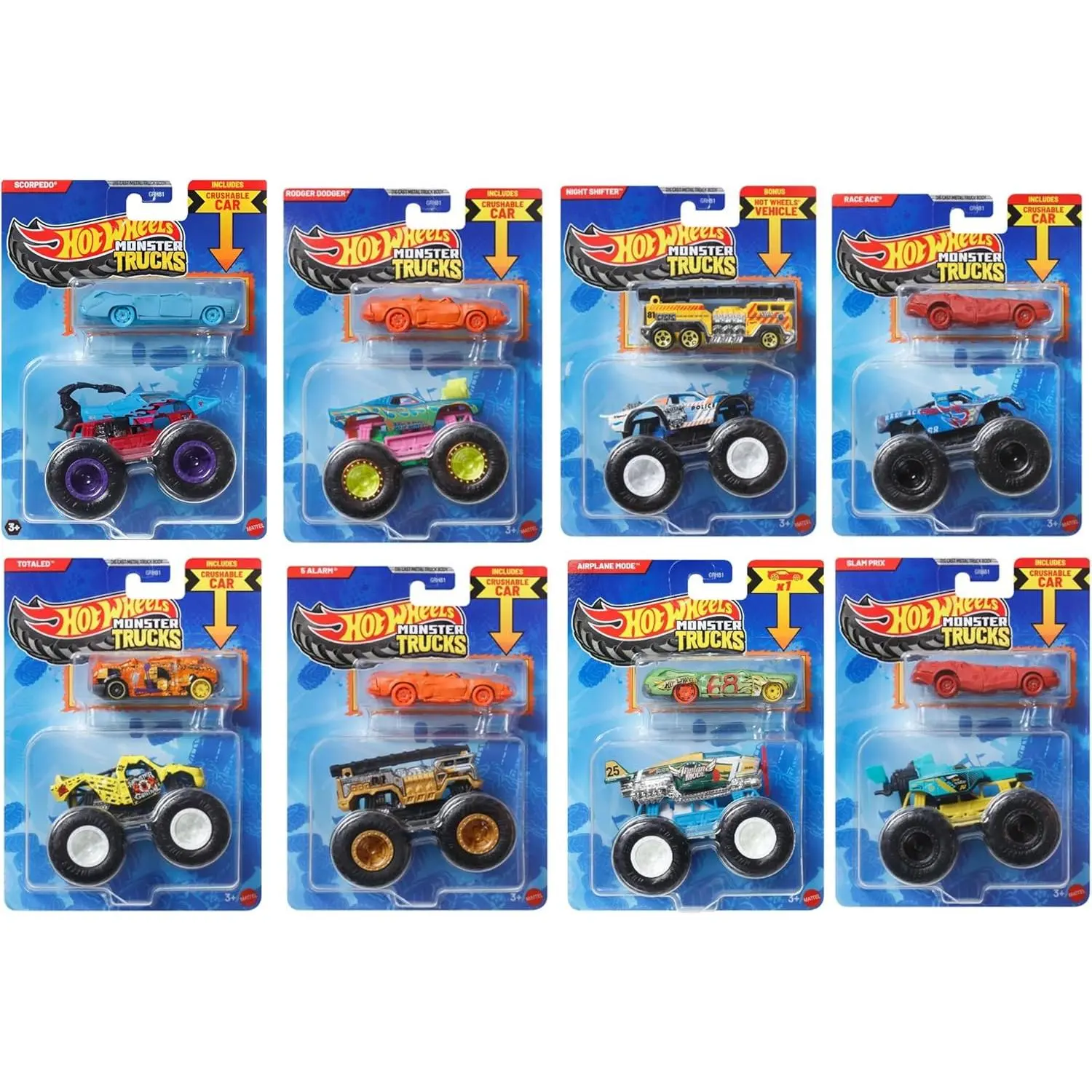 Hot Wheels Monster Trucks Bundle of 8 with Bonus Cars, Assorted Styles, Ages 3+ GRH81-999S