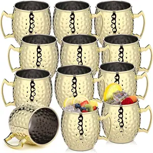 Gold Stainless Steel Moscow Mule Mugs Bulk, 12 oz Hammered Finish Copper Plating Cups with Handle for Chilled Drinks Coffee Wine Cocktail, Perfect for Wedding Birthday Gift