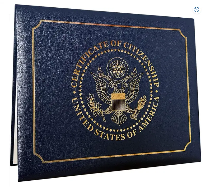 US Citizenship Certificate Holder | US Citizenship Gifts | Naturalization Certificate Padded Holder with Cover. Golden Great Seal of The United States.