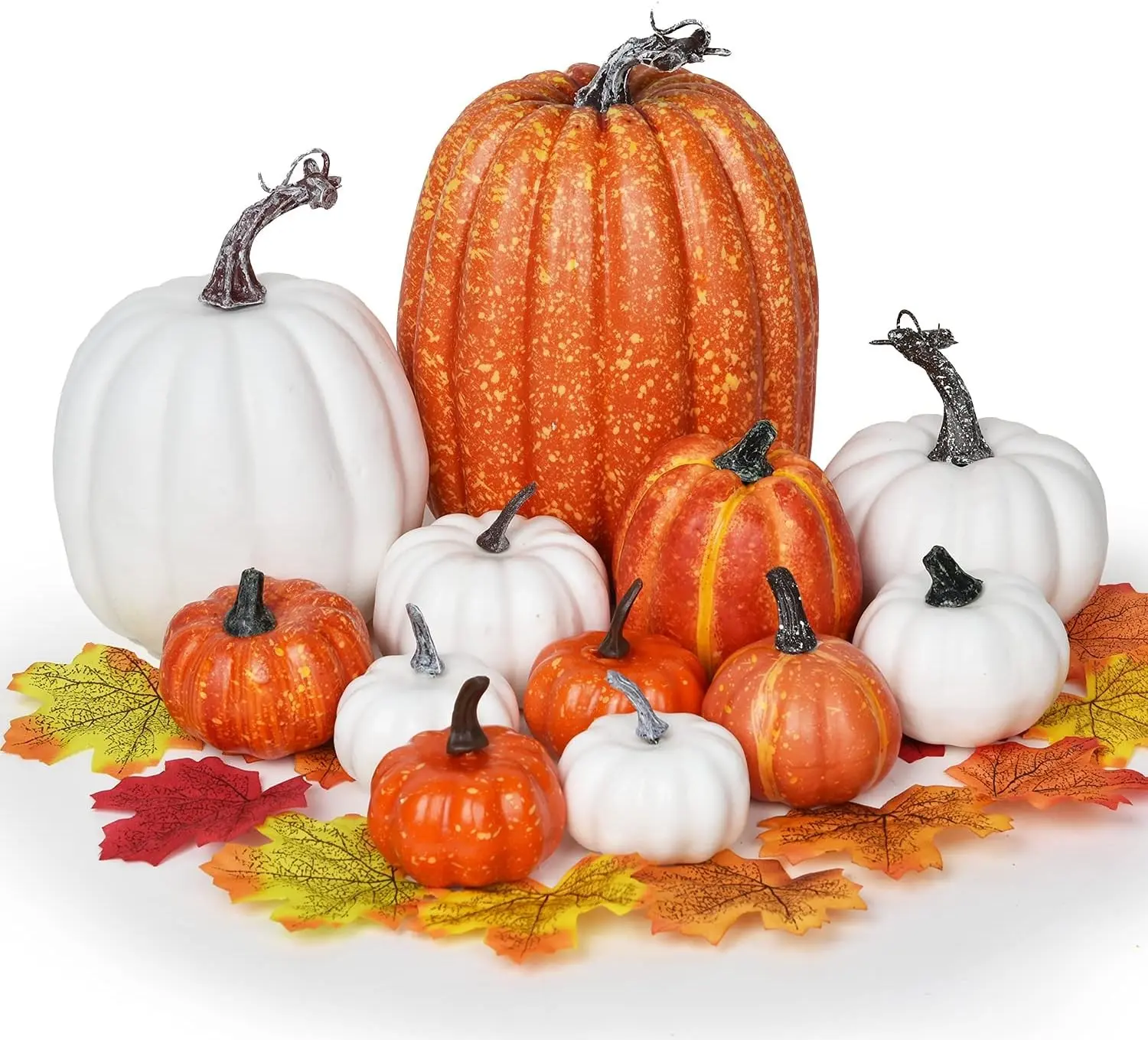 12Pcs Thanksgiving Artificial Pumpkins Set Clearance, Fall Pumpkins with Maple Leaves for Autumn Thanksgiving Holiday Home Decor