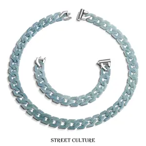 Emerald blue water long rhombic Cuban chain bracelet necklace jadeite titanium steel hip-hop style trend