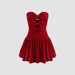 Cider [size 0-10] Velvet Tube Solid Bowknot Bubble Hem Mini Dress