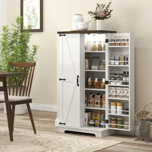 47-in White Kitchen Floor Cabinet, Sensing LED Light Pantry Storage with Doors, Adjustable Shelves and Door Shelves