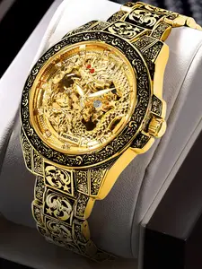 Men's Vintage Dragon Design Mechanical Watch, Fashion Skeleton Automatic Watch for Party, Daily Clothing Decor, Trendy All-match & Exquisite Watch for Birthday Gift with Box, Fashionable Analog Watch
