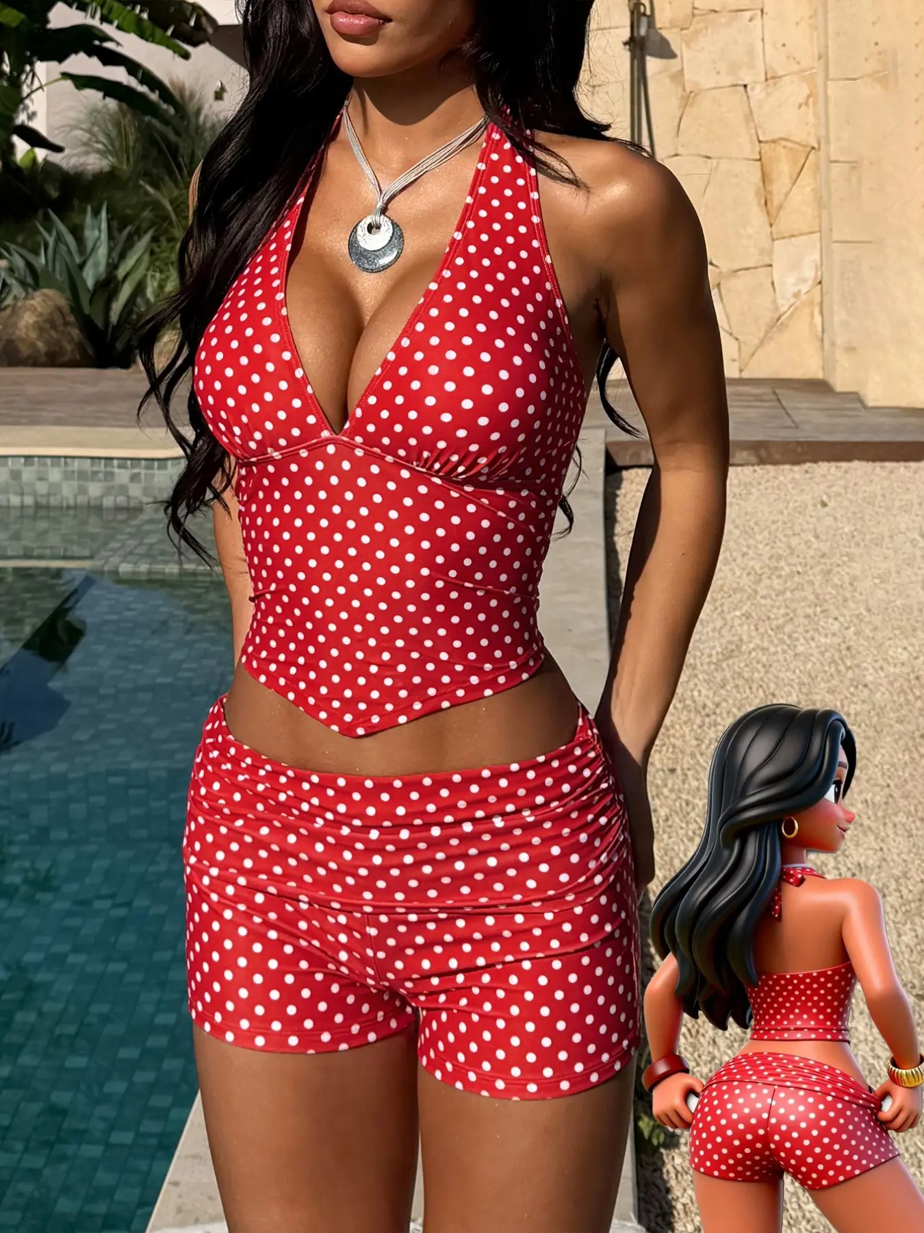 Women's Swimsuit tankini, Tankini sets with shorts, Sexy fired red Polka Dot Print push up halter Tank Top boyshort short pants for Vacation, Beach Outfits, pool and sporty outfit, spring and summer Tankini Bathing Suits