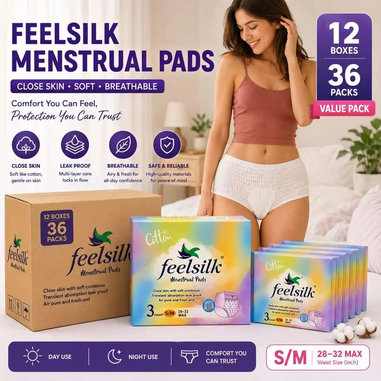 Feelsilk Soft Cotton Disposable Period Underwear S/M Bulk Value Pack, 12 Boxes 36 Count Leak-Proof Max Absorb Menstrual Panties, Breathable Skin-Friendly Individually Wrapped Period Briefs for Heavy Flow Daytime & Overnight Feminine Hygiene