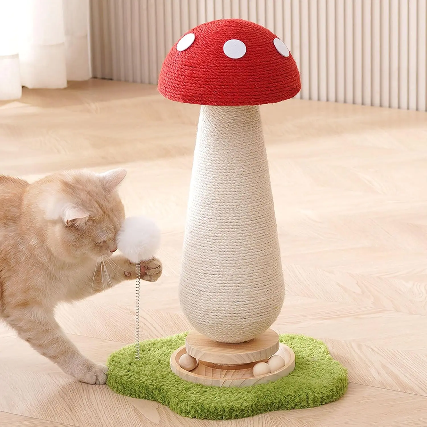 21.5'' Cute Mushroom Cat Scratching Post Cat Tree, Durable Solid Wood Sisal Scratcher Tower with Turntable Toy, Catnip Infused Scratching Post for Indoor Adult Cats