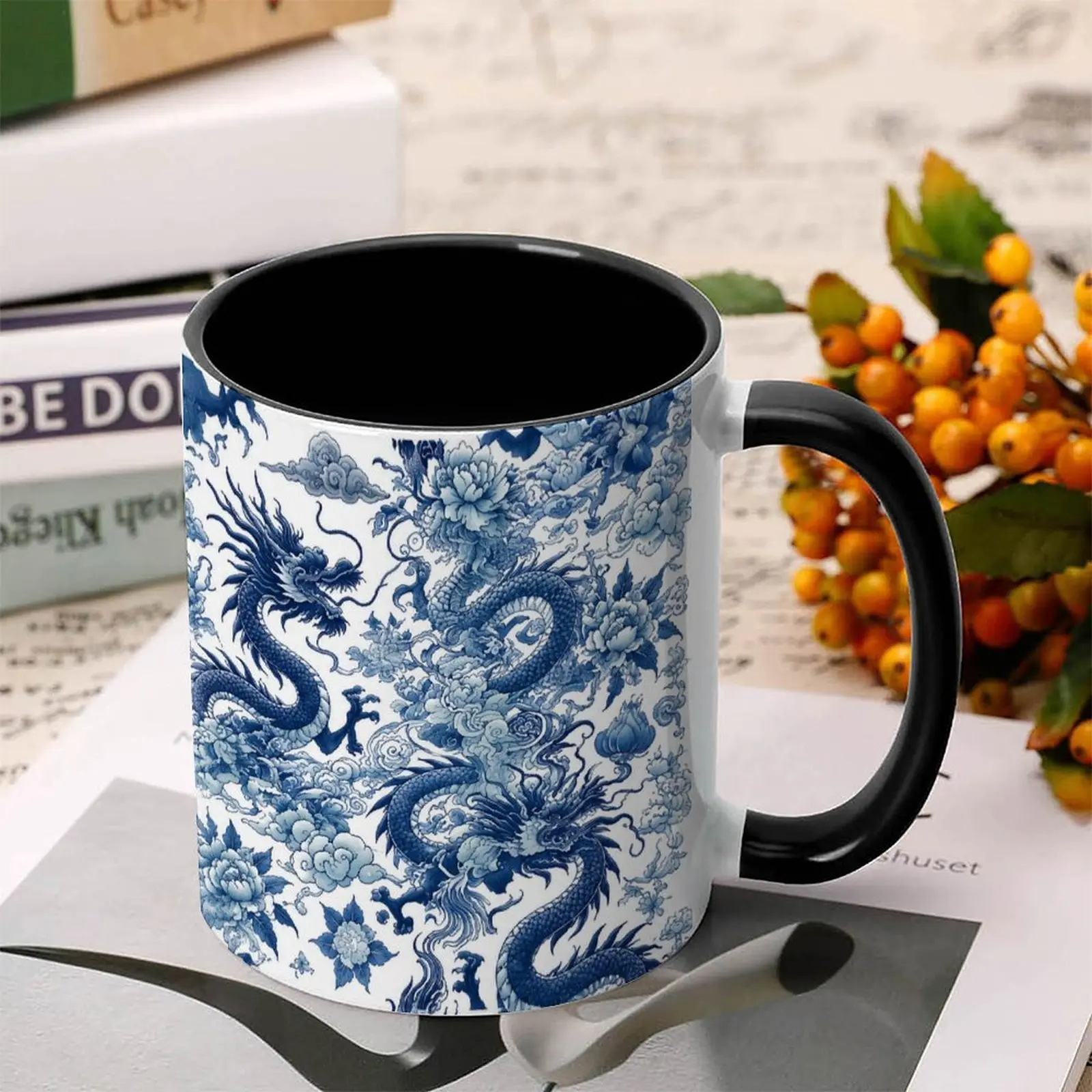 Dragon Coffee Mug, Blue and White Decor, Animal Mug, Chinoiserie