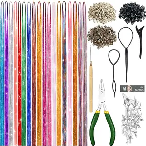 Hair Tinsel Kit Fairy Tinsel Hair Extensions With Tool 6000 Strands 18 Colors Holographic Heat Resistant Sparkling Hair Glitter for Christmas New Year Party 48 Inch