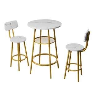 3 Pcs Dining Table and Chairs Set with 2 Stools Dining Table Set Faux Marble Tabletop for Home or Hotel Dining Room, Kitchen or Bar, (White+Gold)