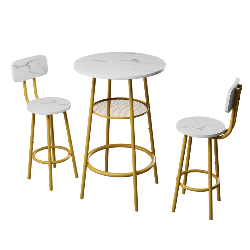 Farmhouse 5-Piece Faux Marble Top Dining Table Set - 1 Table, 2 Chairs, 2 Stools - White+Gold Indoor Furniture for Home Dining Room, Kitchen, Farmhouse Table Set