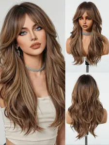24 Inch Light Gradient Long Wavy Bangs Synthetic Natural Looking Wig, Breathable Inner Mesh, Smooth Non-Frizz, Natural Matte Finish, Lightweight 281g, Fashion Wig