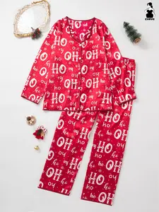 Women's Sleepwear Set, Stand Collar Long Sleeve Top & Pants, Polyester Silk Fabric, Soft Comfortable, Loose Fit, Christmas Style