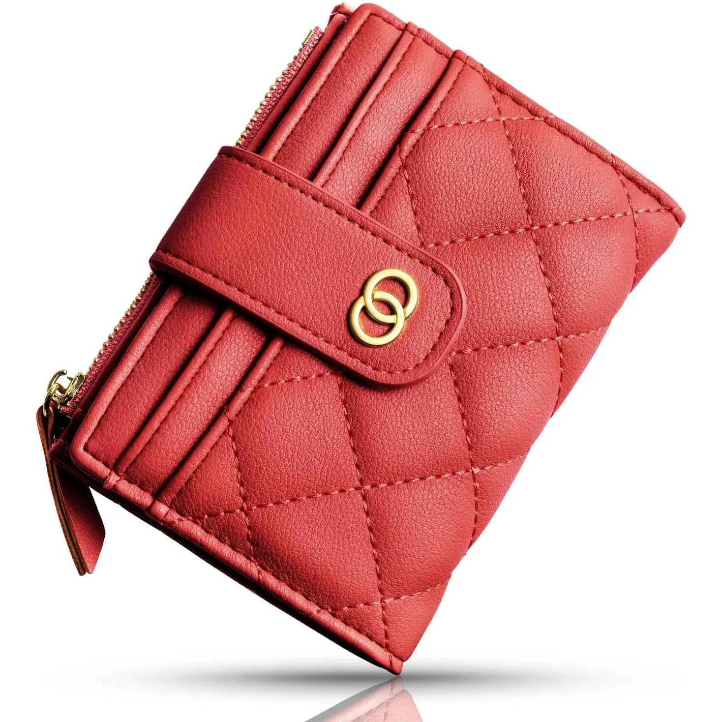 Small Wallet For Women- Credit Card Holder Wallet For Women Girls- Zipper Small Bifold Wallet Mini  Purse With ID Window (Red)
