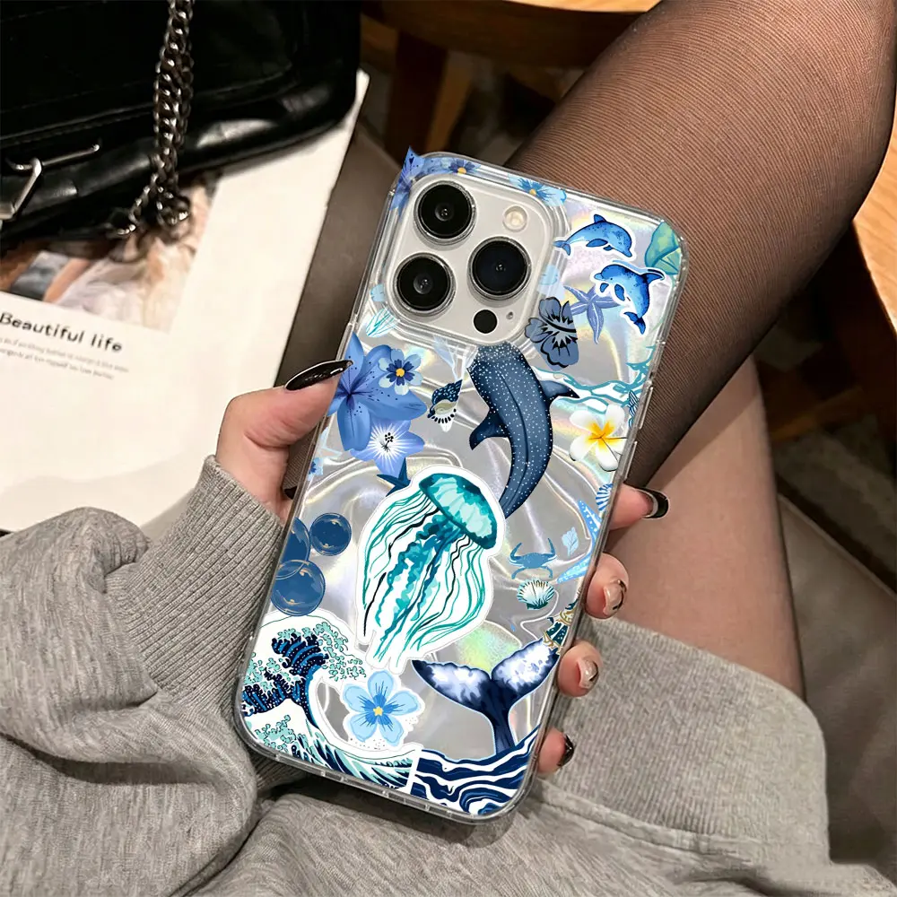 Iridescent Water Ripple Underwater Marine Life Design Dual‑Layer TPU Hard Back Phone Case For iPhone 18 17 16 15 Pro Max Series, High‑End Aesthetic Design, Anti‑Fall Protective Cover