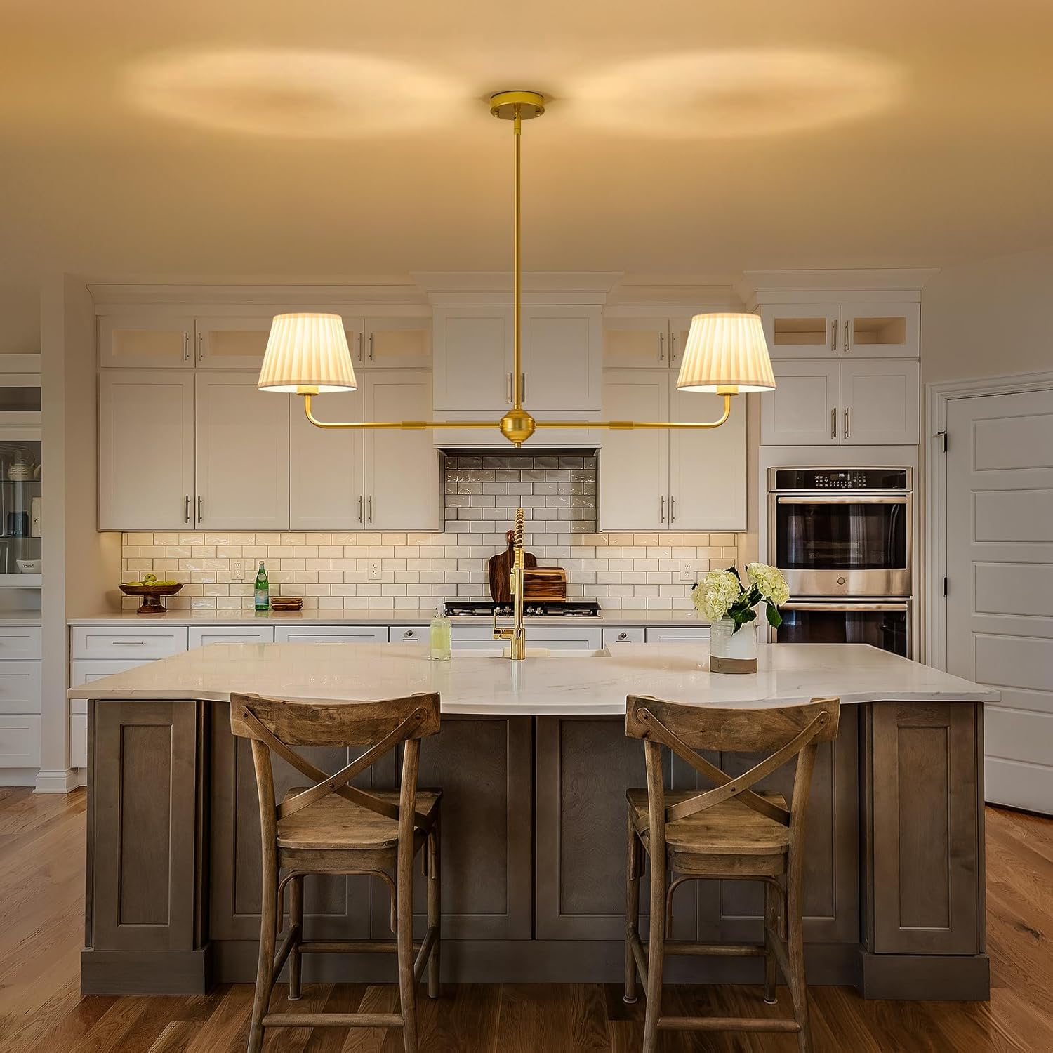 Karjear Gold Linear Chandelier, 43.3" Modern Double Kitchen Island Light with White Fabric Shade for Dining Room Restaurant Living Room