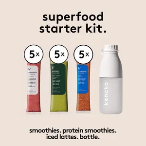 KENCKO Superfood Starter Kit - 5 Organic Smoothie Packs, 5 Plant Protein Shake Packs, 5 Iced Latte Packs & Reusable Bottle for Quick Easy Nutrition