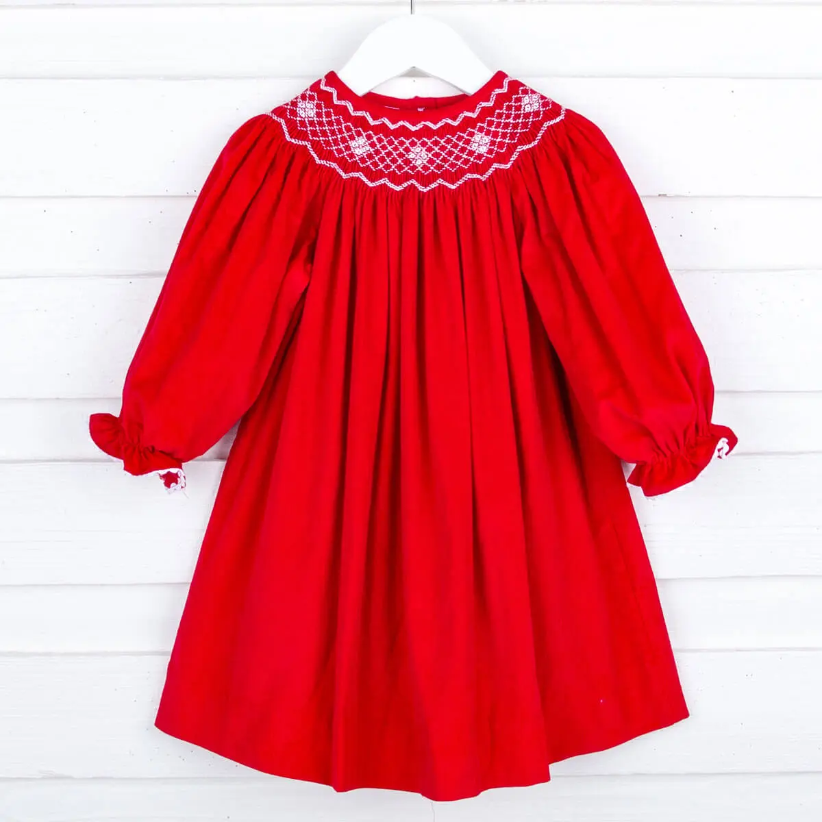Red Corduroy Smocked Geo Bishop Long Sleeve Dress - Girls Christmas Outfit