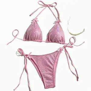 Glitter Mermaid Pink Women Beach Bikini 2 Piece Set, Sexy Little Bowtie Swimsuit Bra Underwear Set, Fashionable Side Ties Summer Beach Bathing Suit