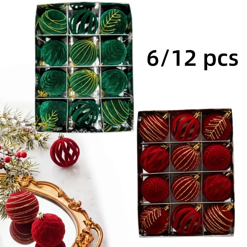 【Back to School】6/12 PCS Velvet Christmas Balls, Flocked Christmas Tree Ball Ornaments, Plastic Balls Xmas Decorative Hanging Ornaments Christmas Tree Decoration, Red and Green Available-MM1