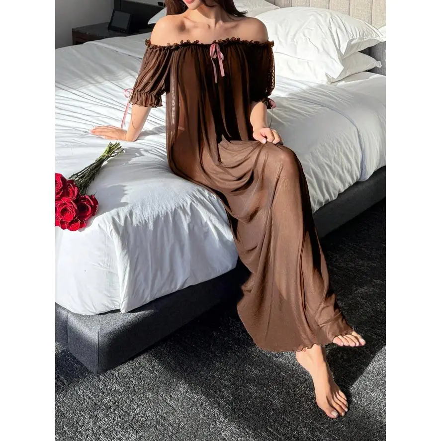 off shoulder frill trim sheer mesh swing dress MESH OFF SHOULDER LAYERED RUFFLE HEM DRESSMotf