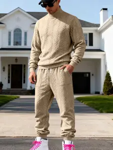 Men's Textured High Neck Casual Set, Winter Thick Knit Sweater & Pants, American Style Commuter Sports, Comfortable Fit