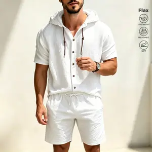 Men’s linen two-piece set with hood and Henley collar, summer short-sleeve top and shorts, casual for home and outings, versatile outfit