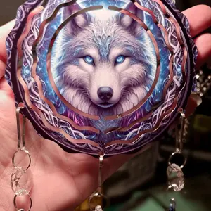 Wolf Dreamcatcher 4in Round One of a Kind Design Hanging Decor with Unique Wolf Artwork and Feathers Hangable Decoration Outdoors Decorative Ornaments