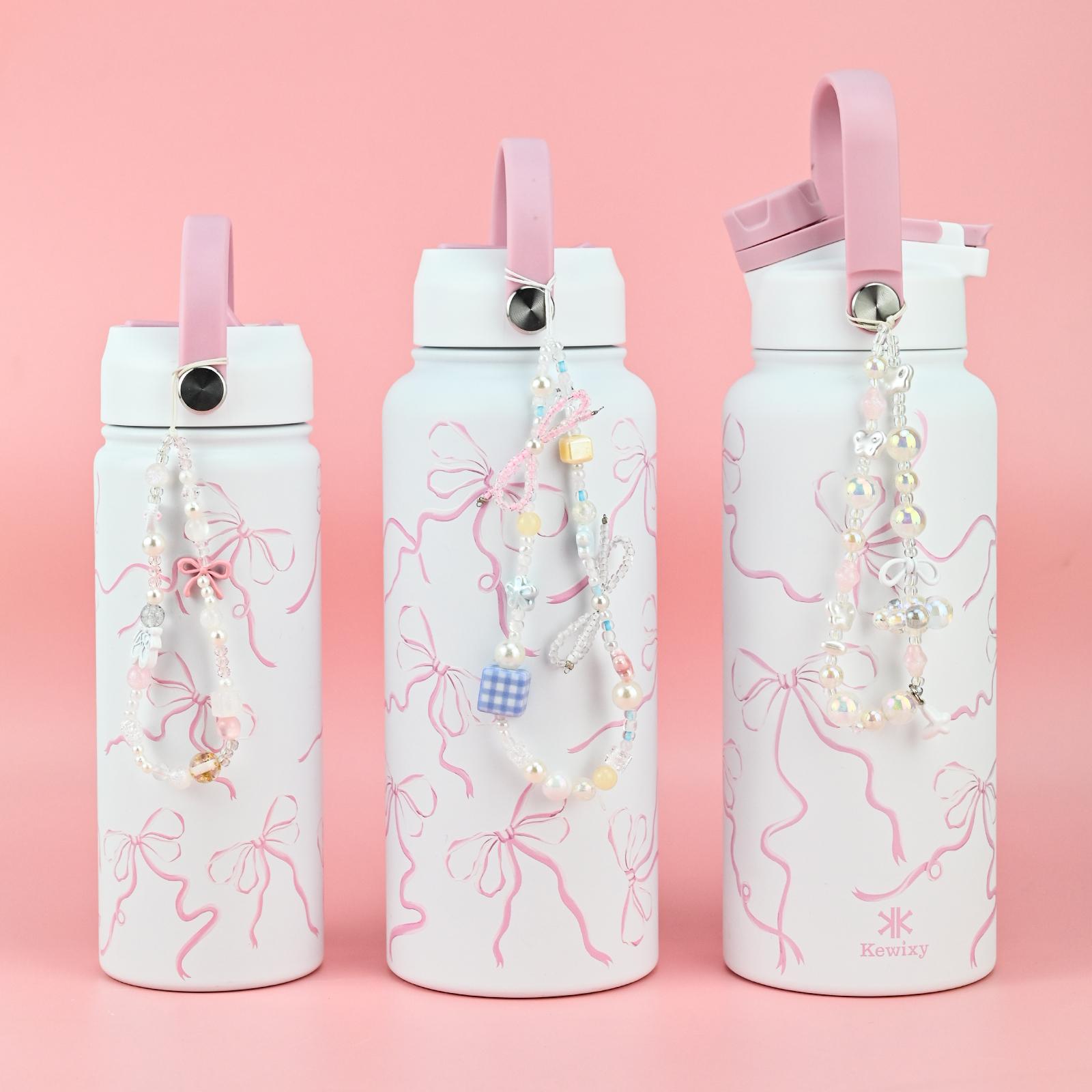 [Bonus keychain] KEWIXY 18oz&32oz Pink Bow Water Bottle, Cute Cherry, Flip Straw Lid, Stainless Steel, Leak Proof, 24-hour Cold, Reusable, Portable for Travel, Gym and School Tumbler Mug Cup