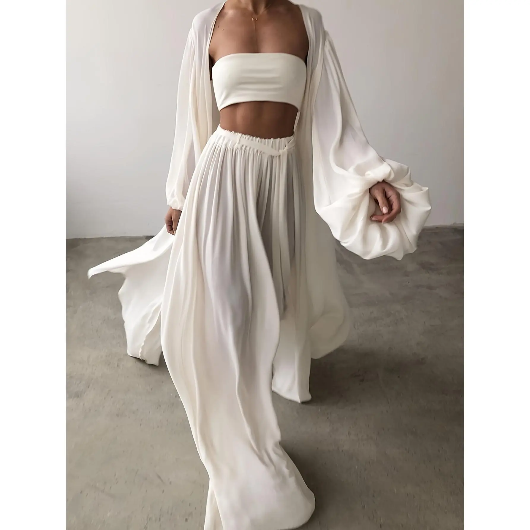 Women's 3-Piece Clothing Set - Elegant Off-Shoulder Cardigan, Tube Top, and Wide-Leg Pants, Chic Polyester Layered Outfit, Chic Look, Non-Woven Fabric, Outerwear, Solid, Fashion, Elegance, Machine Washable